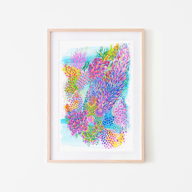 Cerulean Seabed Art Print Modern Coral Reef Painting with Watercolor & Gouache Colorful Wall Art Home Decor Print by Iridisea Studio image 1