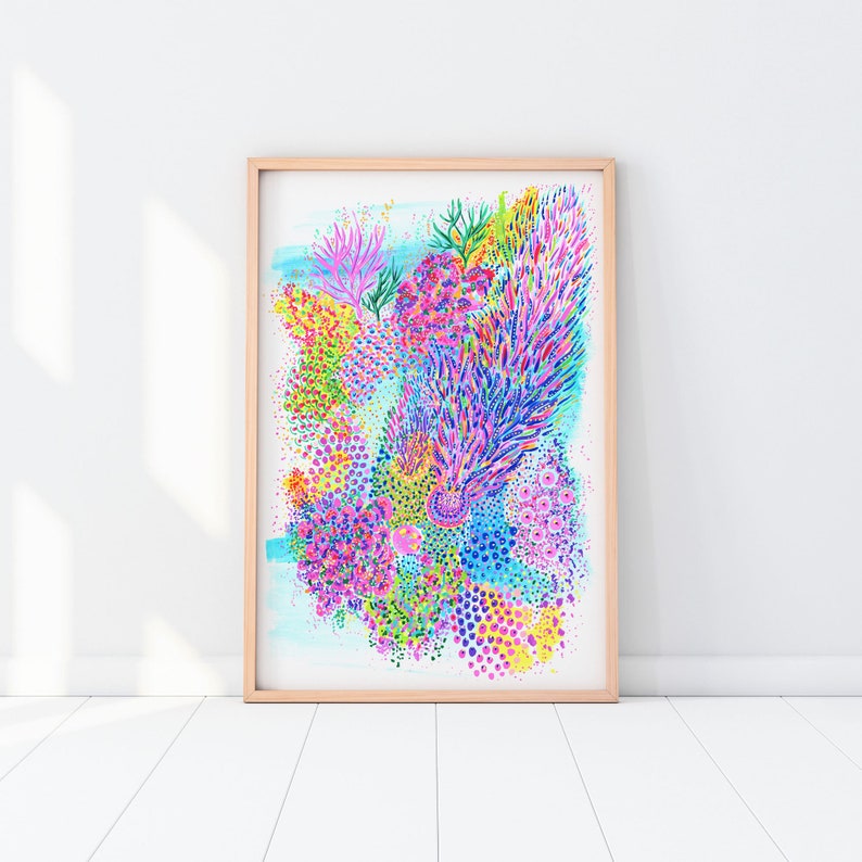 Cerulean Seabed Art Print Modern Coral Reef Painting with Watercolor & Gouache Colorful Wall Art Home Decor Print by Iridisea Studio image 2