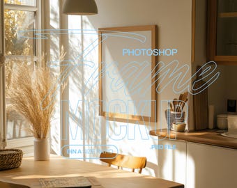 Heller Holzrahmen Mockup DIN A Küchen Szene, Wand Rahmen Mockup Vertikaler Rahmen Mockup Skandinavisches Interieur Naturlicht - MO2