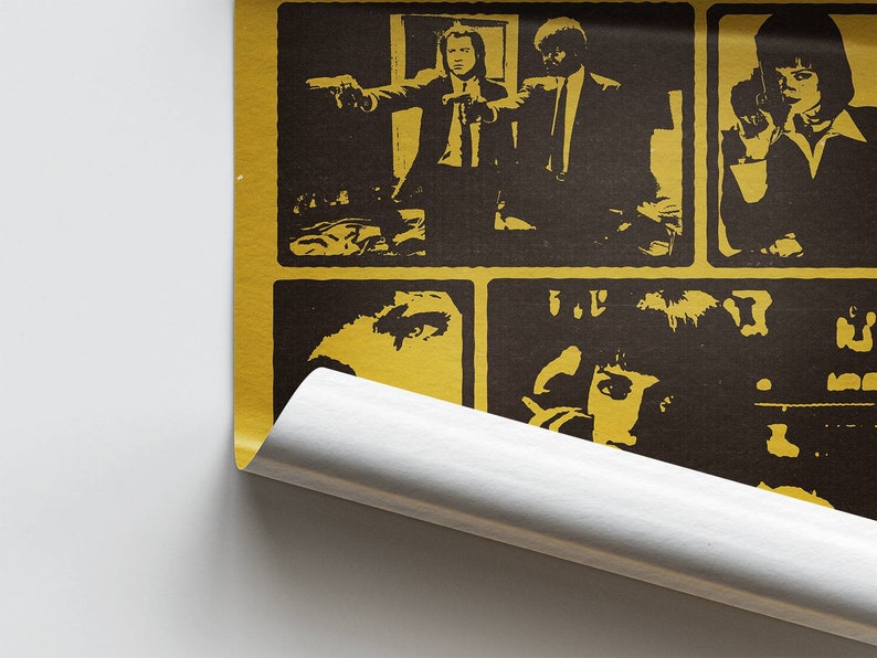 May include: A yellow and black poster with a collage of images from the movie Pulp Fiction. The poster features images of John Travolta, Uma Thurman, and Samuel L. Jackson.