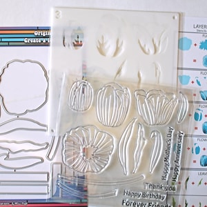 Tulipani a strati, stencil con 3 tulipani, 15 fustelle in metallo con tulipani, 15 timbri in silicone con tulipani per decorare album, biglietti, scatole ecc.
