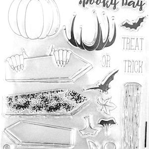 Gelaagd halloween, 20 clear stamps, pompoenen, vleermuizen, plakboek, reliëf