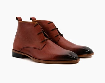 Handmade Burgundy Leather Chukka Boots: Men's Goodyear Welted Ankle Boots