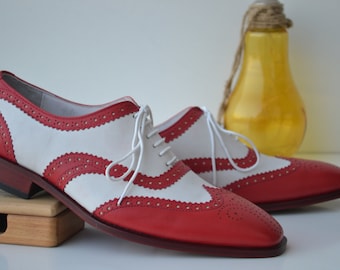 Handmade Red & White Leather Wingtip Brogue Oxford Shoes
