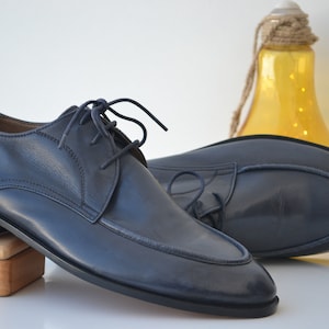 Bespoke Men's Handmade Dark Blue Color "Good Year Welted" Genuine Leather Lace Up Oxford Shoes