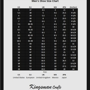 May include: A chart showing men's shoe sizes in US, EU, UK, MX, and JPN sizes, along with the corresponding inch measurements. The chart includes sizes from 5 to 20.