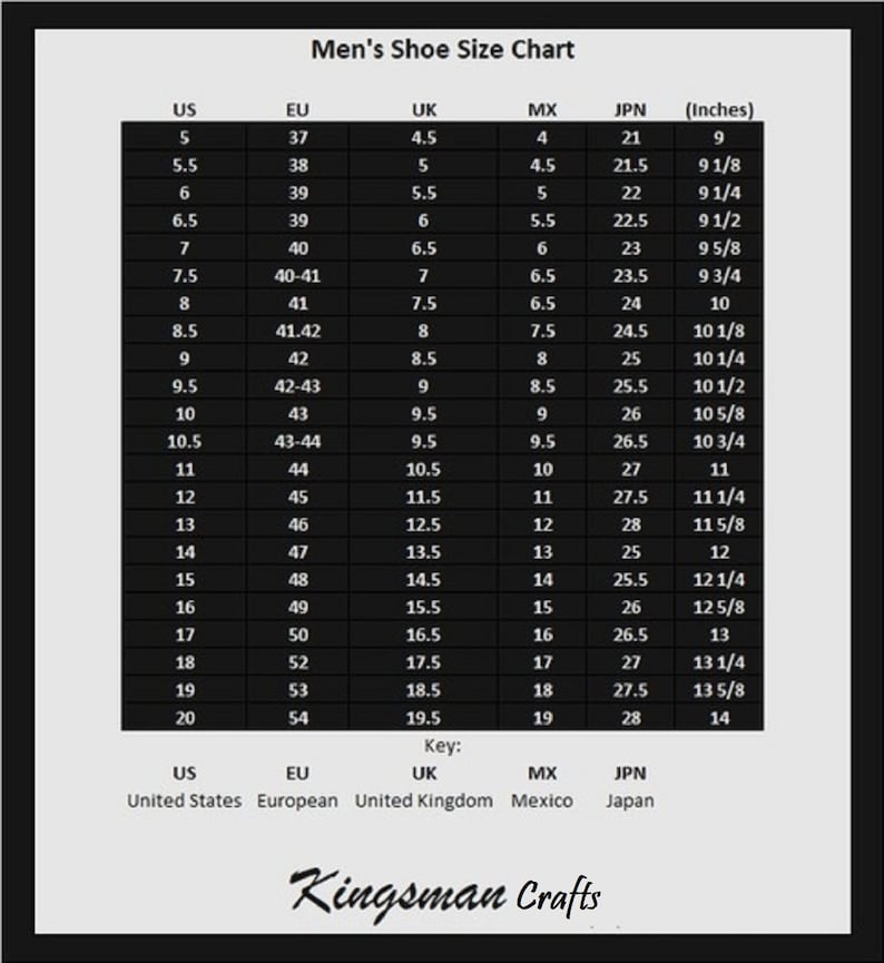 May include: A chart showing men's shoe sizes in US, EU, UK, MX, and JPN sizes, along with the corresponding inch measurements. The chart includes sizes from 5 to 20.