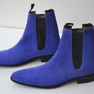 Bespoke Men's Handmade Blue Color "Good Year Welted" Genuine Suede Leather Ankle High Boots