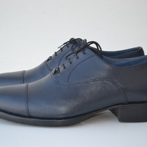 Bespoke Men's Handmade Dark Blue Color "Good Year Welted" Genuine Leather Cap Toe Lace Up Oxford Shoes