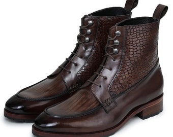 Handmade Brown Leather Ankle Boots: Crocodile Texture Men's Boots