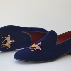 Bespoke Men&#39;s Handmade Blue Color &quot;Good Year Welted&quot; Genuine Velvet Polo Embroidery Stylish Loafer Slip On Shoes