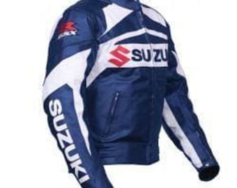 May include: A blue and white leather motorcycle jacket with the word "SUZUKI" printed on the front and sleeve. The jacket has a zipper closure and a stand-up collar.