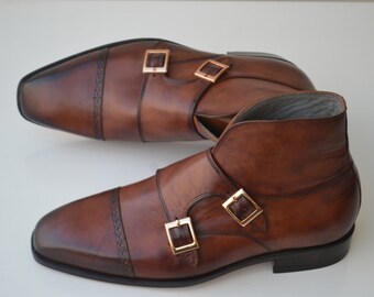 Handmade Brown Leather Double Monk Boots: Cap Toe Ankle Boots