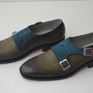 Bespoke Men's Handmade Black & Green Color "Good Year Welted" Genuine Suede Leather Double Monk Strap Shoes
