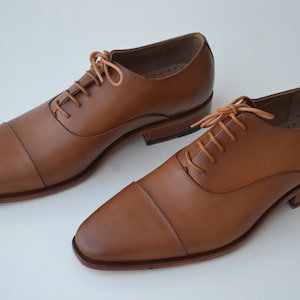 Bespoke Men's Handmade Tan Color "Good Year Welted" Genuine Leather Cap Toe Lace Up Oxford Shoes