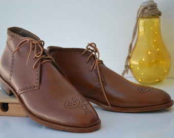 Handmade Tan Leather Brogue Chukka Boots: Men's Ankle Boots