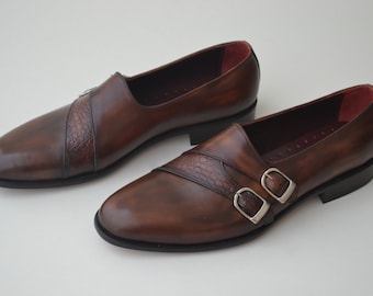 Bespoke Men's Handmade Brown Color "Good Year Welted" Genuine Leather Double Monk Strap Shoes
