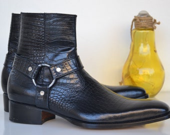 Botas de couro pretas feitas à mão: Botas de cano curto masculinas