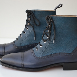 Bespoke Men's Handmade Blue & Navy Color "Good Year Welted" Genuine Leather Cap Toe Ankle High Boots