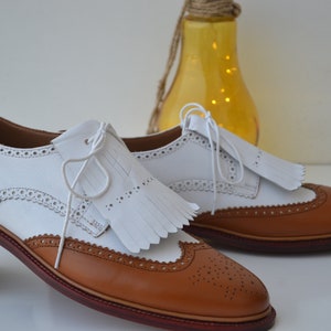 Bespoke Men&#39;s Handmade Brown & White Color &quot;Good Year Welted&quot; Genuine Leather Wing Tip Brogue Oxford Shoes