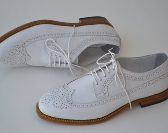 Handmade White Leather Wingtip Brogue Oxford Shoes