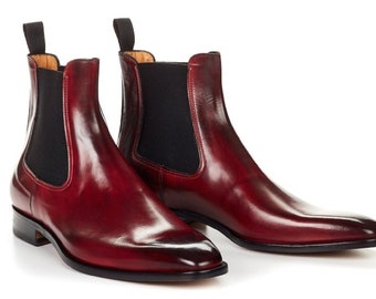 Bespoke Men's Handmade Burgundy Color "Good Year Welted" Genuine Leather Ankle High Boots