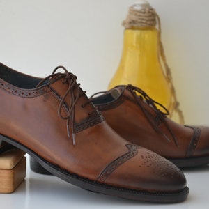 Bespoke Men&#39;s Handmade Tan Brown Color &quot;Good Year Welted&quot; Genuine Leather Wing Tip Brogue Oxford Derby Lace Up Shoes