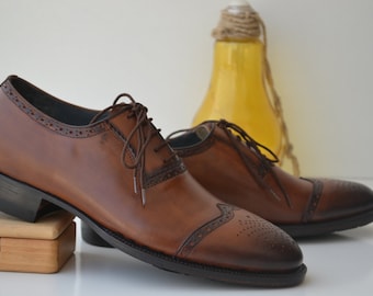 Handmade Tan Brown Leather Wingtip Brogue Oxford Shoes