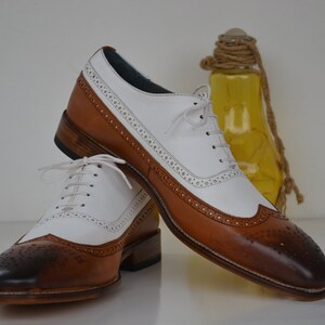 Bespoke Men&#39;s Handmade Brown & White Color &quot;Good Year Welted&quot; Genuine Leather Wing Tip Brogue Oxford Shoes, Wedding Shoes, Men Custom Shoes