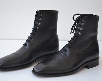Botas de cano curto masculinas de couro preto feitas à mão