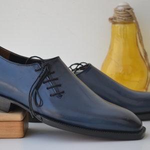 Bespoke Men's Handmade Blue Color "Good Year Welted" Genuine Leather Side Lace Up Oxford Shoes