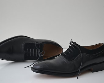 Scarpe brogue Oxford in pelle e camoscio nero fatte a mano