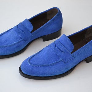 Bespoke Men&#39;s Handmade Blue Color &quot;Good Year Welted&quot; Genuine Suede Leather Stylish Loafer Slip On Shoes