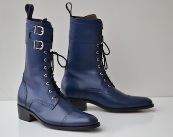Handmade Men's Dark Blue Leather Cap Toe Ankle Boots