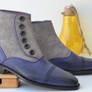 Bespoke Men's Handmade Grey & Light Purple Color "Good Year Welted" Genuine Suede Leather Cap Toe Ankle High Boots, Men Custom Boots