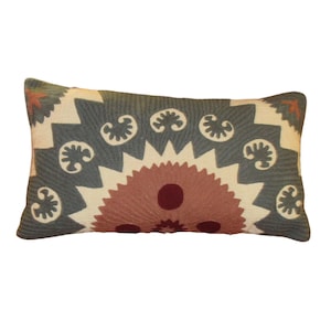 Vintage Boho Gray Rust Wool Crewelwork Embroidery Abstract Sunburst Pillow 14x27
