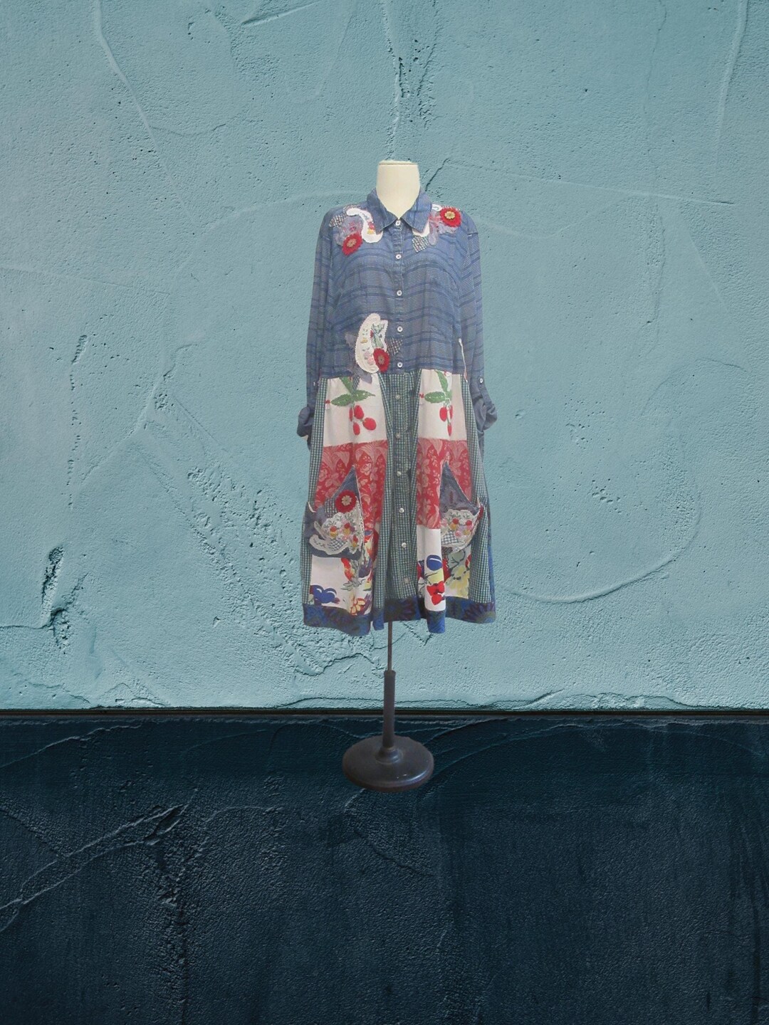 Vintage Upcycled Repurposed Red White Blue Boho Rustic Shirt Dress ...