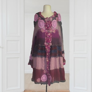 Vintage Upcycled Purple Gray Patchwork Sweater Coat with Silk Ruffles sz M