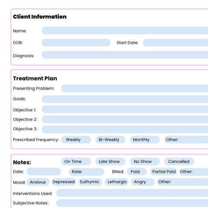 May include: A light blue and white client information and treatment plan form. The form includes sections for client information, treatment plan, and notes. The form has fields for name, date of birth, diagnosis, presenting problem, goals, and objectives.