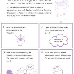 May include: A diagram with four steps to help manage overthinking. The steps are: 1. Begin by visualizing and acknowledging the thought. 2. Next, within your mind's eye, place the thought on a cloud. 3. Now, after acknowledging the thought, imagine blowing away the cloud until you can no longer see it. 4. Allow your mind to rest in silence and repeat this process for as many times as you need.