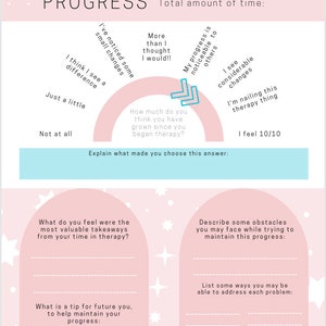 Op de afbeelding: Een roze en blauwe printbare therapie voortgangs tracker met vragen over de voortgang van de therapie, waardevolle inzichten en obstakels om de voortgang te behouden. De tracker bevat een schaal om de voortgang te beoordelen van "Helemaal niet" tot "Ik heb deze therapie onder de knie".