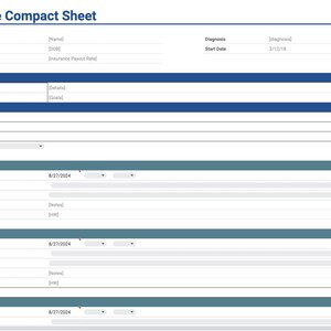 May include: A client file compact sheet with sections for client information, treatment plan, and session notes. The sheet includes fields for client name, date of birth, rate, diagnosis, start date, presenting problems, goals, objectives, frequency, date, mood, interventions used, subjective notes, and homework assignment.