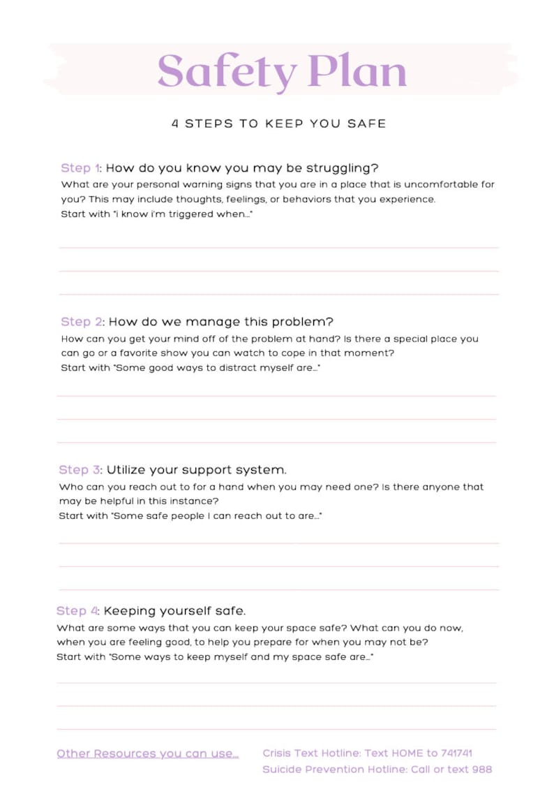 Safety Plan Worksheet PDF Etsy