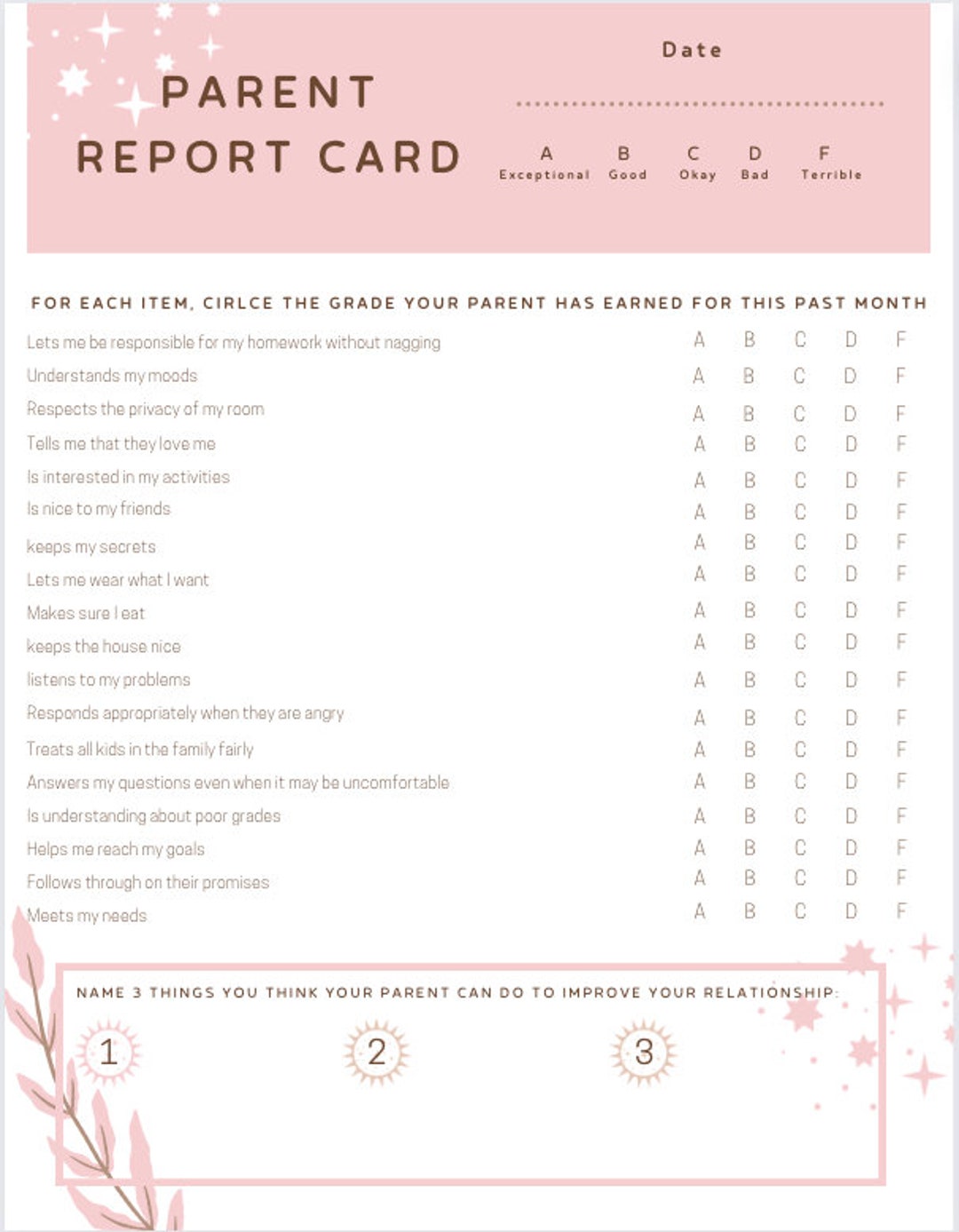 Parent Report Card Template for Parents and Kids Etsy