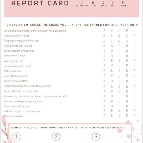 Parent Report Card Template- for parents and kids