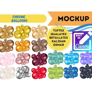 Peut inclure: Une image de maquette montrant 16 couleurs différentes de ballons chromés. Les ballons sont disposés en grille de quatre rangées et quatre colonnes. Le texte "CHROME BALLOONS" est en haut de l'image. Le texte "MOCKUP" est en haut à droite de l'image. Le texte "EDIT IN Canva" est dans une boîte bleue avec une icône de crayon.