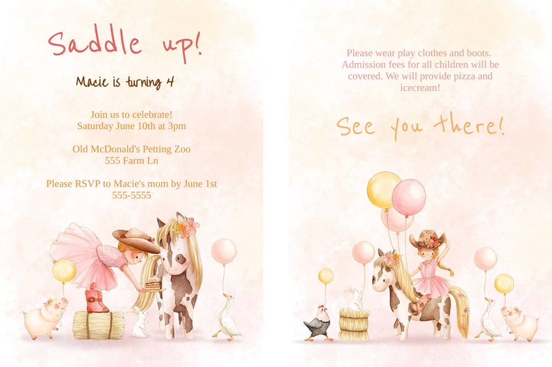 Editable Cowgirl Farm Birthday Invitation Double Sided Farm Invitation Cowgirl Theme Birthday Horse Farm Animal Birthday
