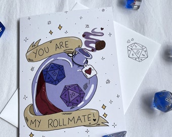 May include: A white card with a purple potion bottle with dice inside and a banner that says "You are my rollmate!" The card has a white background with a white border and a white envelope behind it. There are blue dice scattered around the card.