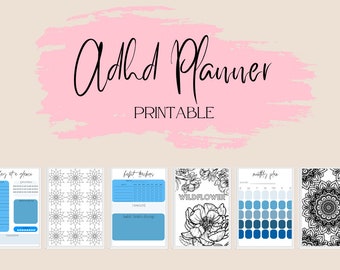 Può includere: Pianificatore ADHD stampabile con uno schema di colori blu e bianco. Il pianificatore include pagine per "Oggi a colpo d'occhio", "Tracker delle abitudini", "Piano mensile" e pagine a tema "Fiore selvaggio" con illustrazioni in bianco e nero.