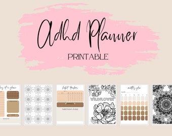 May include: Printable planner pages with a pink background and the text "Adhd Planner Printable". The pages include a "Today at a Glance" page, a "Habit Tracker" page, a "Wildflower" page, a "Monthly Plan" page, and a page with a mandala design.